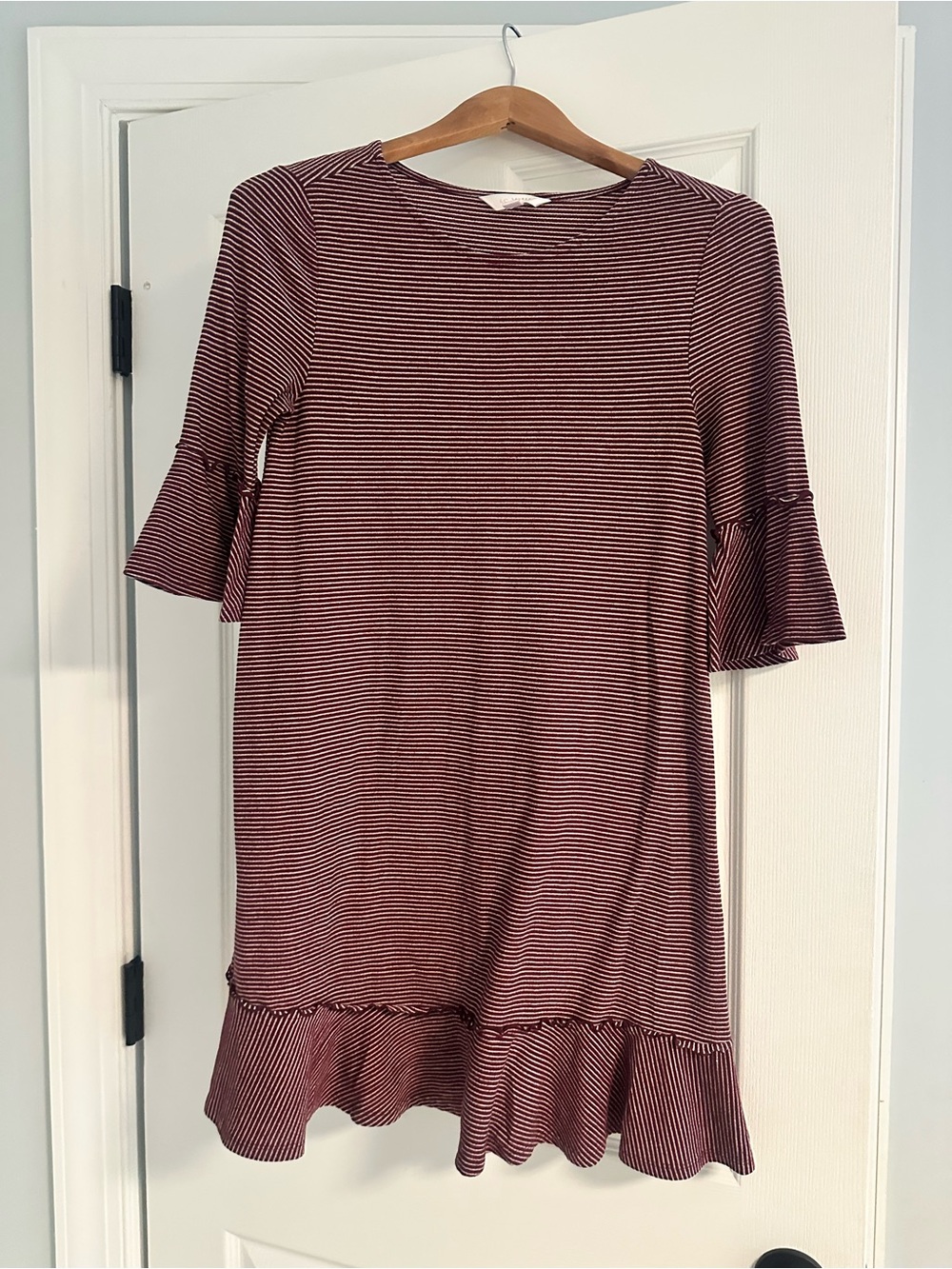 LC Lauren Conrad Burgundy and White Striped Ruffle Hem Dress, size XS
